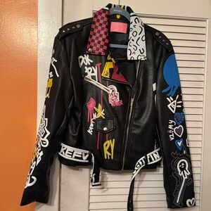Azalea Wang 1X graffiti faux leather moto jacket